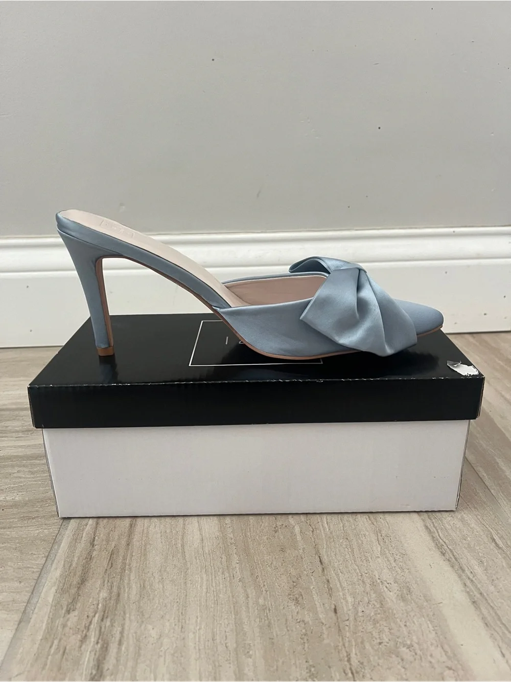 Light Blue Satin Pointed-Toe Mule with Bow - Picture 2 of 5